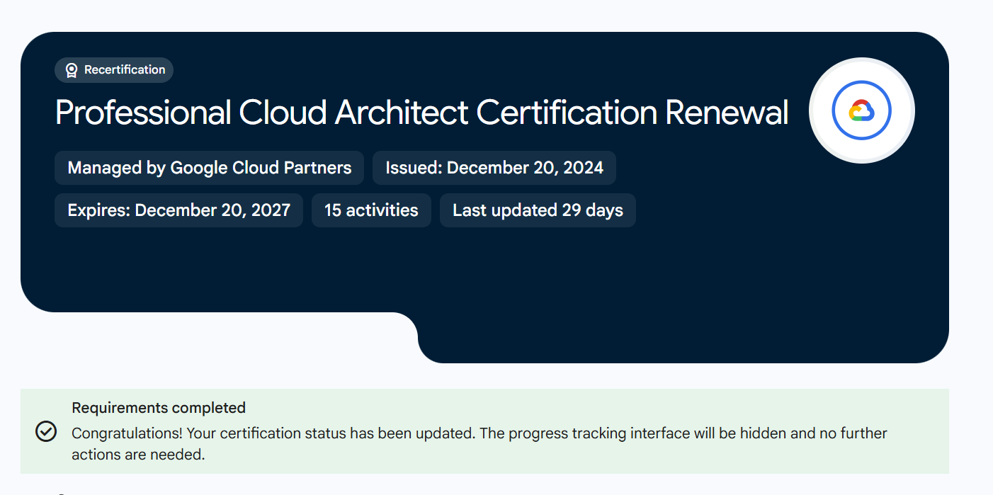 Google Cloud Professional Cloud Architect renewal requirements completed